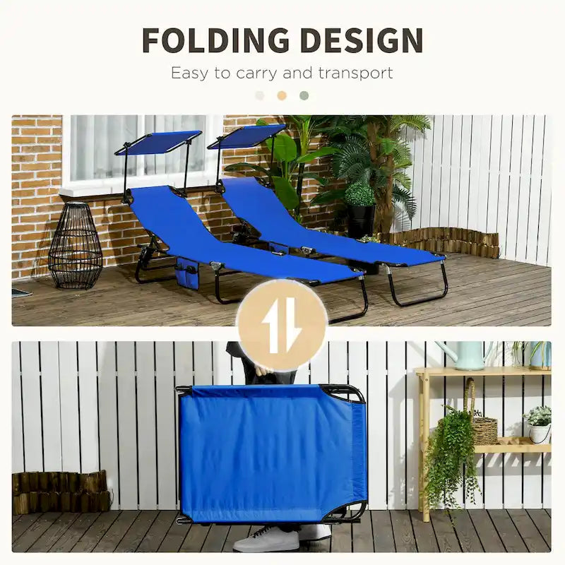 Outsunny Folding Chaise Lounge Pool Chairs with Canopy Shade, Reclining Back, Steel Frame and Side Pocket, 2 Piece