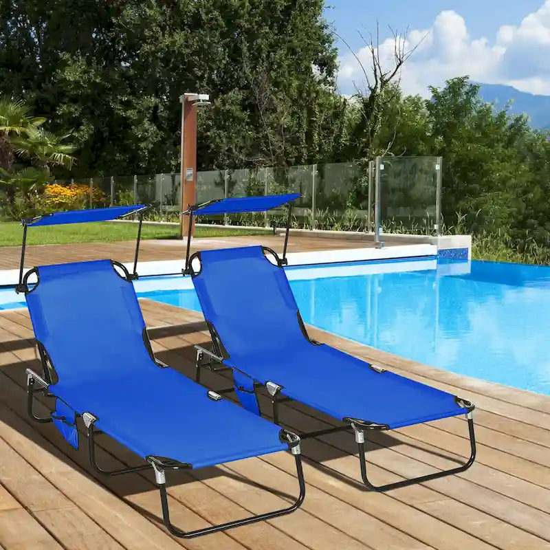 Outsunny Folding Chaise Lounge Pool Chairs with Canopy Shade, Reclining Back, Steel Frame and Side Pocket, 2 Piece