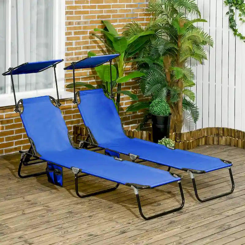 Outsunny Folding Chaise Lounge Pool Chairs with Canopy Shade, Reclining Back, Steel Frame and Side Pocket, 2 Piece