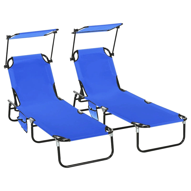 Outsunny Folding Chaise Lounge Pool Chairs with Canopy Shade, Reclining Back, Steel Frame and Side Pocket, 2 Piece