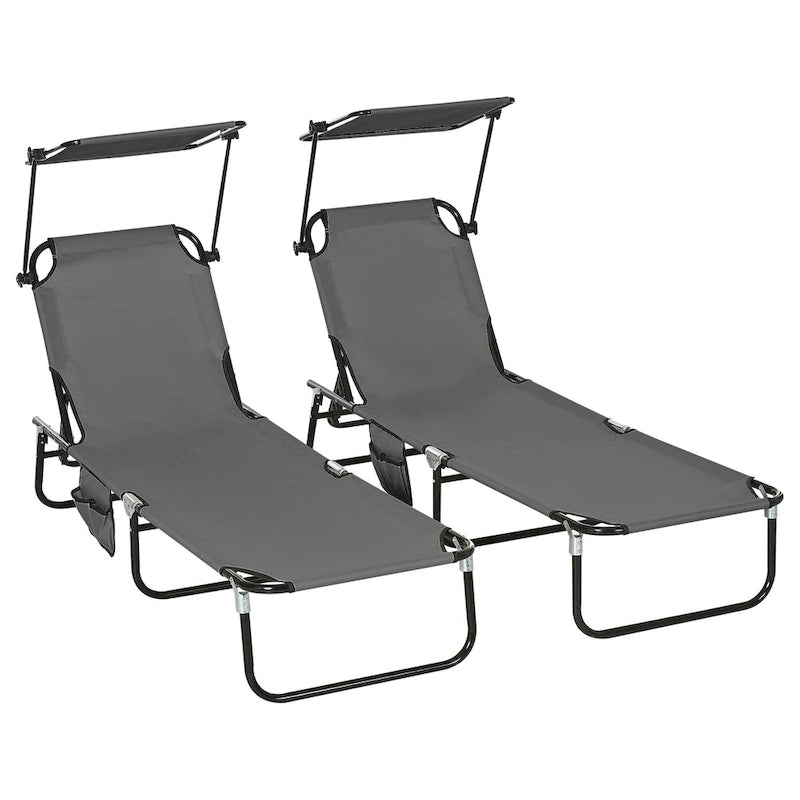 Outsunny Folding Chaise Lounge Pool Chairs with Canopy Shade, Reclining Back, Steel Frame and Side Pocket, 2 Piece
