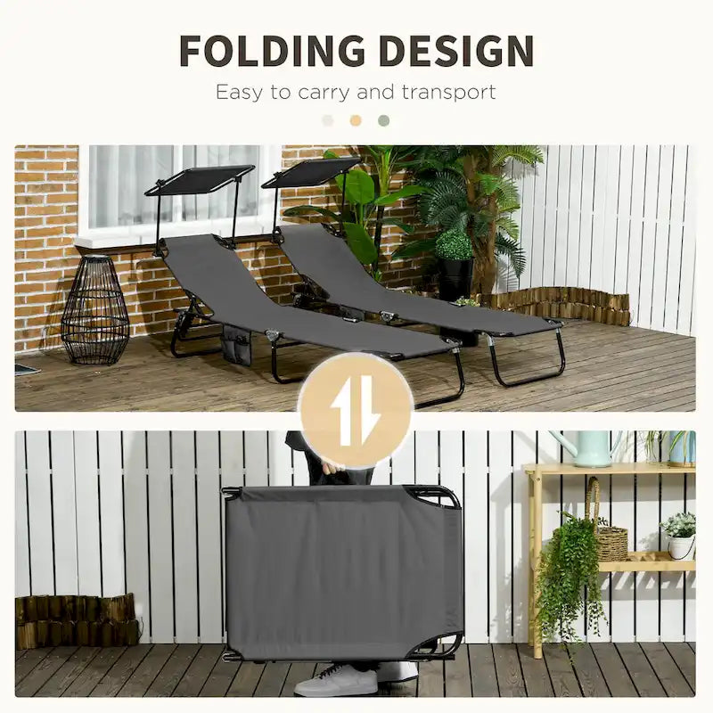 Outsunny Folding Chaise Lounge Pool Chairs with Canopy Shade, Reclining Back, Steel Frame and Side Pocket, 2 Piece