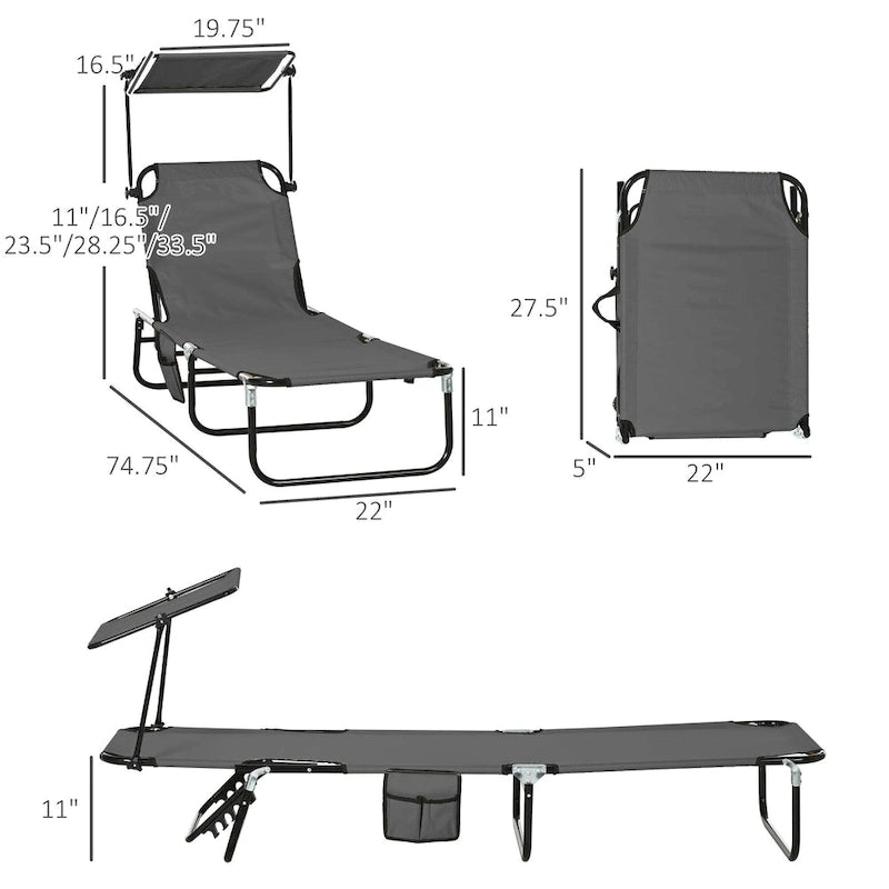 Outsunny Folding Chaise Lounge Pool Chairs with Canopy Shade, Reclining Back, Steel Frame and Side Pocket, 2 Piece