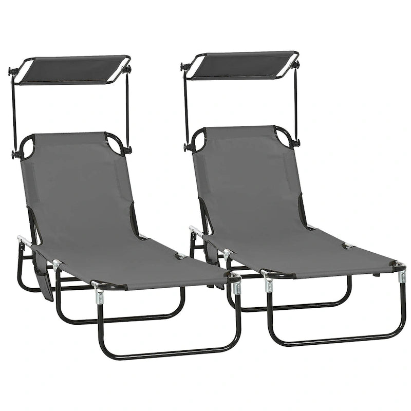 Outsunny Folding Chaise Lounge Pool Chairs with Canopy Shade, Reclining Back, Steel Frame and Side Pocket, 2 Piece