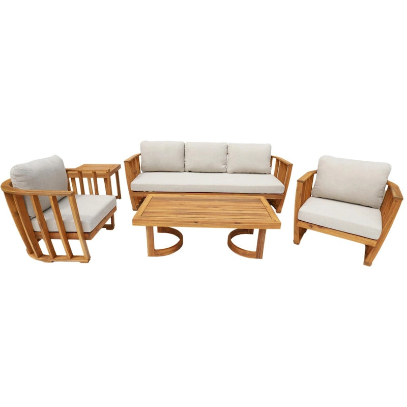 Ensemble de canapé d'angle d'extérieur moderne 5 pièces en bois d'acacia avec deux tables