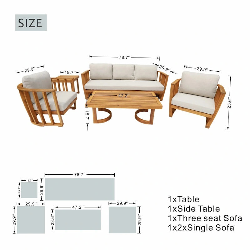 Ensemble de canapé d'angle d'extérieur moderne 5 pièces en bois d'acacia avec deux tables