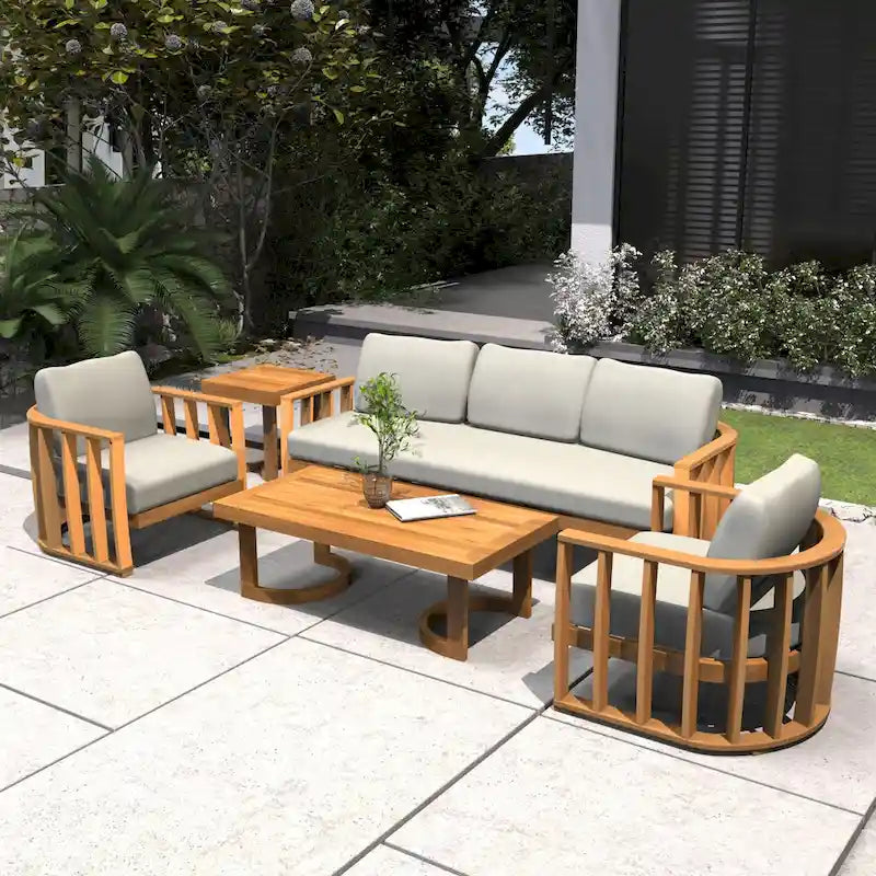 Ensemble de canapé d'angle d'extérieur moderne 5 pièces en bois d'acacia avec deux tables