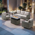 Outside Sofa Set with Grey Wicker Fire Pit Table - Grey Wicker Sofa Chair w/ Grey Wicker Fire Table