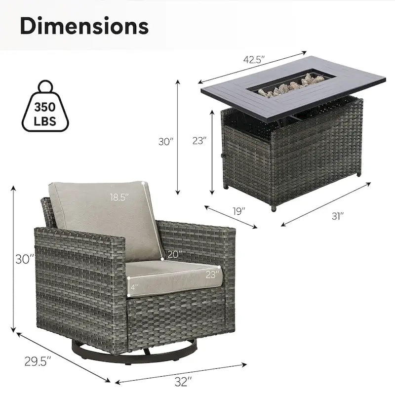 Ensemble de canapé d'extérieur en résine tressée grise avec table brasero - Canapé et fauteuil en résine tressée grise avec table brasero en résine tressée grise