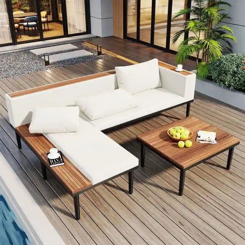 Ensemble de mobilier de jardin de luxe 3 pièces avec table basse, canapé d'angle en acacia en forme de L avec table d'appoint et coussins amovibles