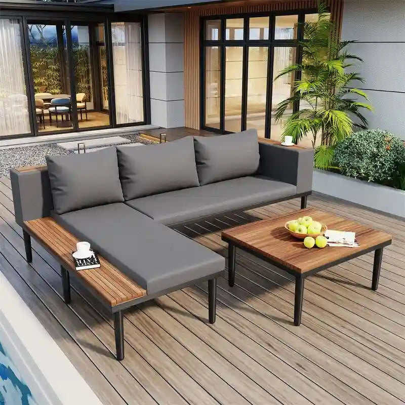 3-Piece Luxury Patio Furniture Set with Coffee Table, L-Shaped Acacia Wood Sectional Sofa with Side Table and Removable Cushions