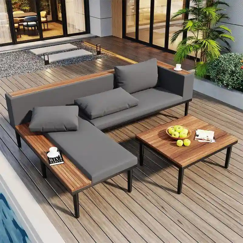 Ensemble de mobilier de jardin de luxe 3 pièces avec table basse, canapé d'angle en acacia en forme de L avec table d'appoint et coussins amovibles