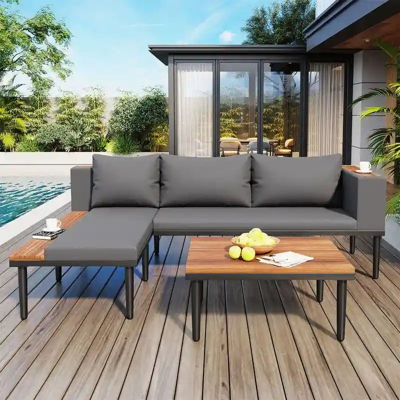 Ensemble de mobilier de jardin de luxe 3 pièces avec table basse, canapé d'angle en acacia en forme de L avec table d'appoint et coussins amovibles
