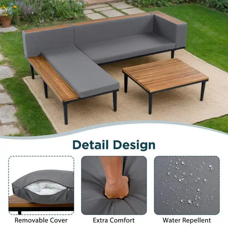 Ensemble de mobilier de jardin de luxe 3 pièces avec table basse, canapé d'angle en acacia en forme de L avec table d'appoint et coussins amovibles