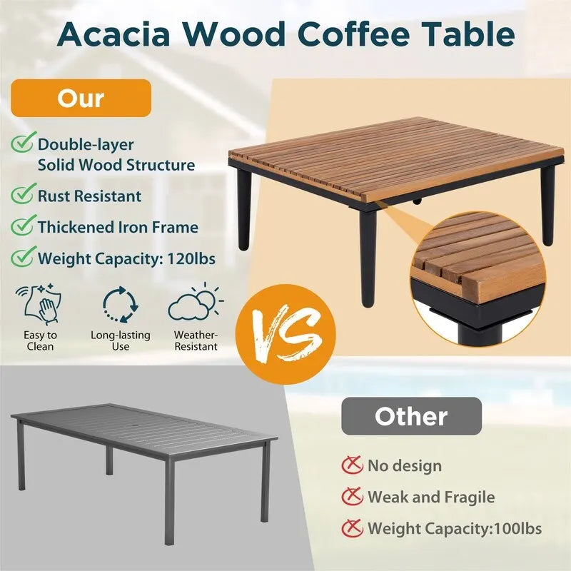 Ensemble de mobilier de jardin de luxe 3 pièces avec table basse, canapé d'angle en acacia en forme de L avec table d'appoint et coussins amovibles