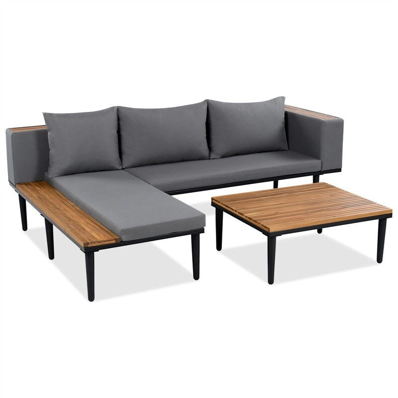 Ensemble de mobilier de jardin de luxe 3 pièces avec table basse, canapé d'angle en acacia en forme de L avec table d'appoint et coussins amovibles