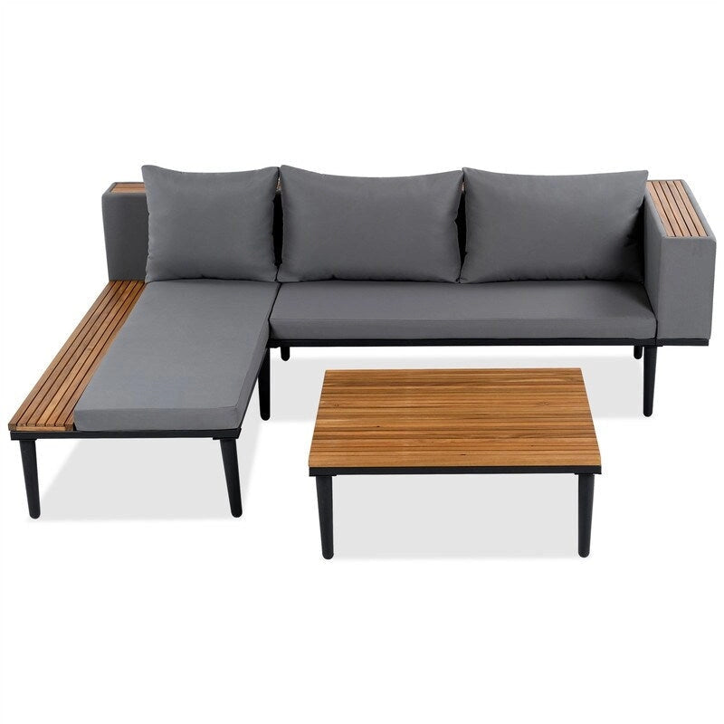 Ensemble de mobilier de jardin de luxe 3 pièces avec table basse, canapé d'angle en acacia en forme de L avec table d'appoint et coussins amovibles