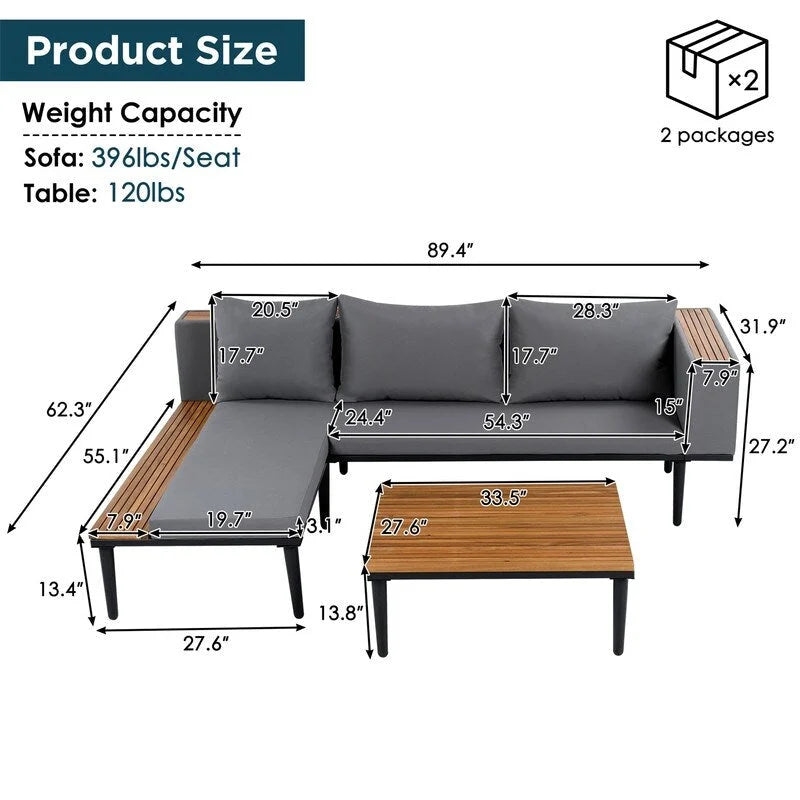 Ensemble de mobilier de jardin de luxe 3 pièces avec table basse, canapé d'angle en acacia en forme de L avec table d'appoint et coussins amovibles