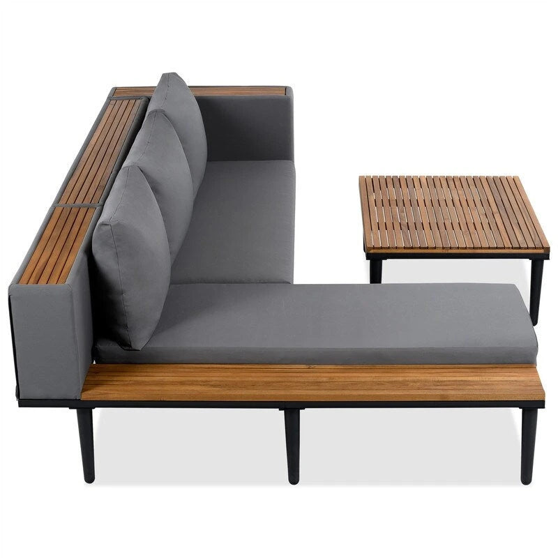 Ensemble de mobilier de jardin de luxe 3 pièces avec table basse, canapé d'angle en acacia en forme de L avec table d'appoint et coussins amovibles