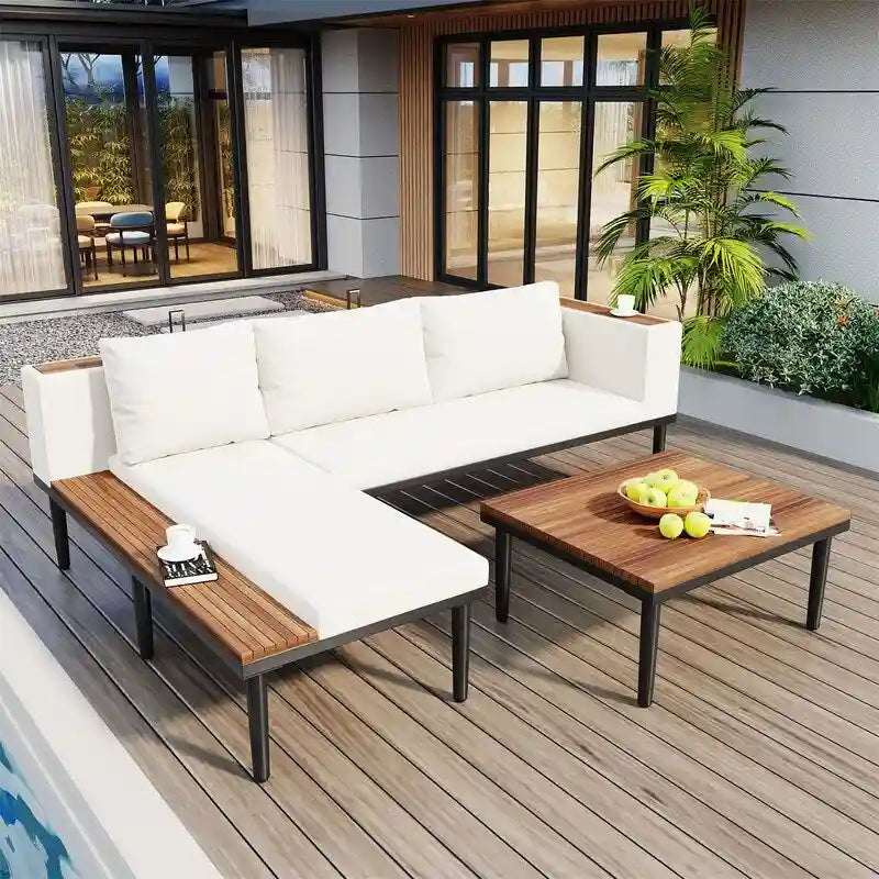 Ensemble de mobilier de jardin de luxe 3 pièces avec table basse, canapé d'angle en acacia en forme de L avec table d'appoint et coussins amovibles