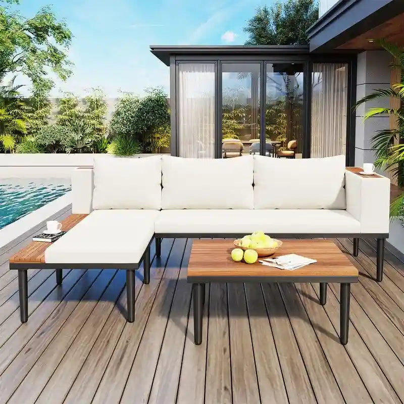 Ensemble de mobilier de jardin de luxe 3 pièces avec table basse, canapé d'angle en acacia en forme de L avec table d'appoint et coussins amovibles