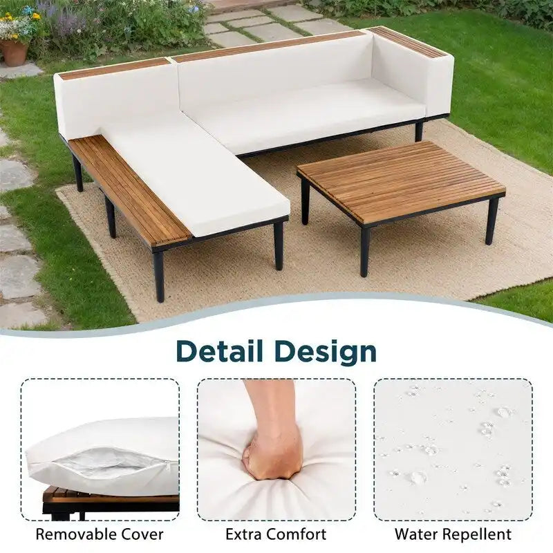 Ensemble de mobilier de jardin de luxe 3 pièces avec table basse, canapé d'angle en acacia en forme de L avec table d'appoint et coussins amovibles