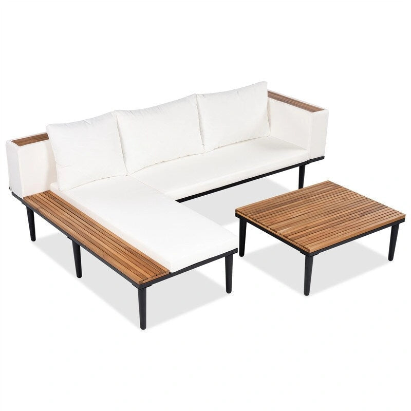 Ensemble de mobilier de jardin de luxe 3 pièces avec table basse, canapé d'angle en acacia en forme de L avec table d'appoint et coussins amovibles