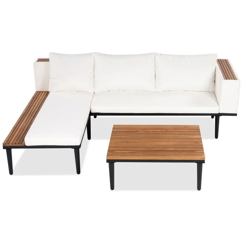 Ensemble de mobilier de jardin de luxe 3 pièces avec table basse, canapé d'angle en acacia en forme de L avec table d'appoint et coussins amovibles