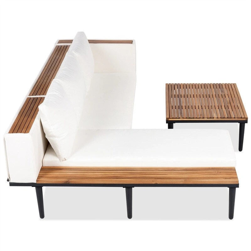 Ensemble de mobilier de jardin de luxe 3 pièces avec table basse, canapé d'angle en acacia en forme de L avec table d'appoint et coussins amovibles