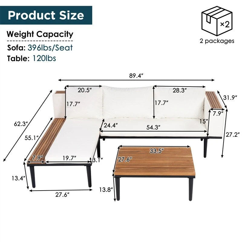 Ensemble de mobilier de jardin de luxe 3 pièces avec table basse, canapé d'angle en acacia en forme de L avec table d'appoint et coussins amovibles