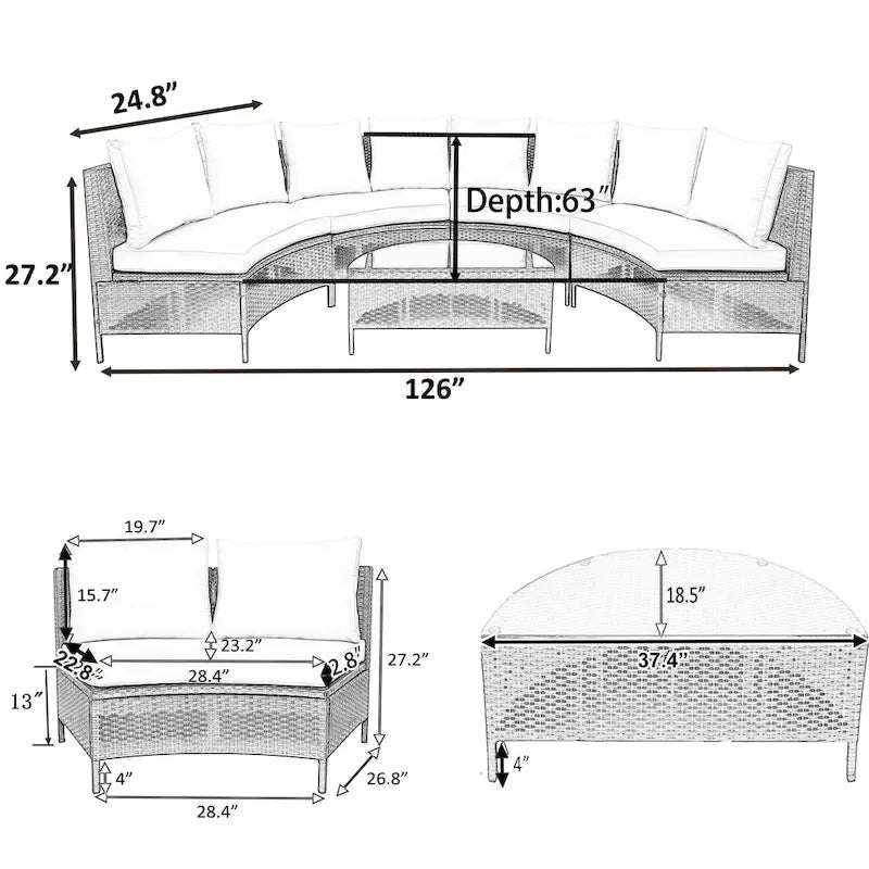 Ensemble de canapés incurvés d'extérieur modulable avec table en verre trempé