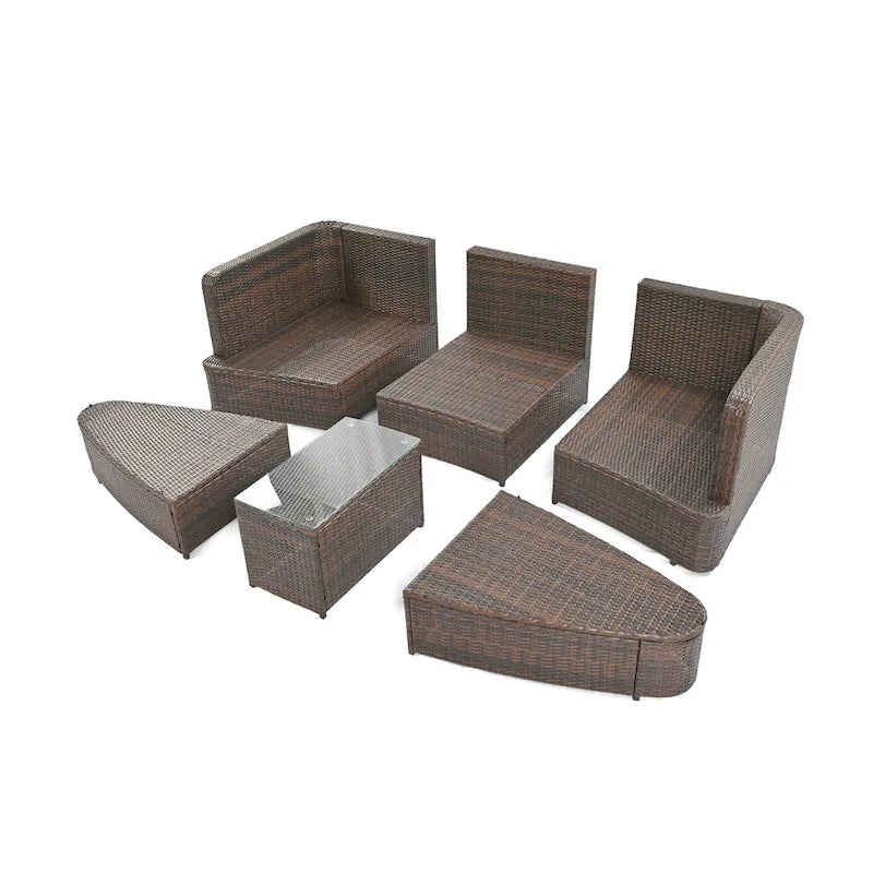 Salon de jardin en osier avec canapé rond et table basse, ensemble de sièges séparés, lit de repos, bain de soleil en rotin, causeuse convertible.
