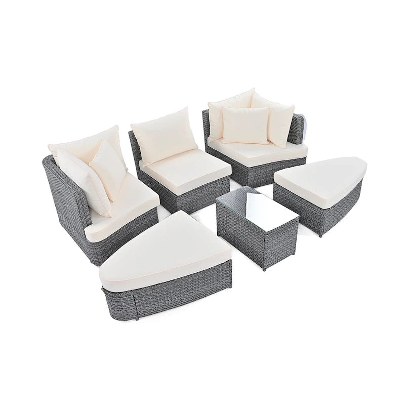 Salon de jardin en osier avec canapé rond et table basse, ensemble de sièges séparés, lit de repos, bain de soleil en rotin, causeuse convertible.
