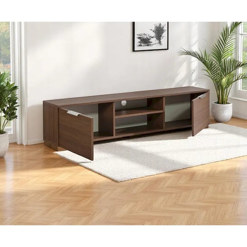 Meuble TV moderne Aspen avec 2 portes et 2 étagères de rangement, finition bois, meuble de divertissement pour salon
