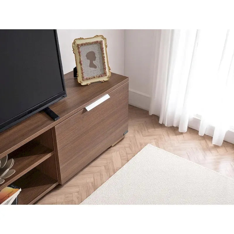 Meuble TV moderne Aspen avec 2 portes et 2 étagères de rangement, finition bois, meuble de divertissement pour salon