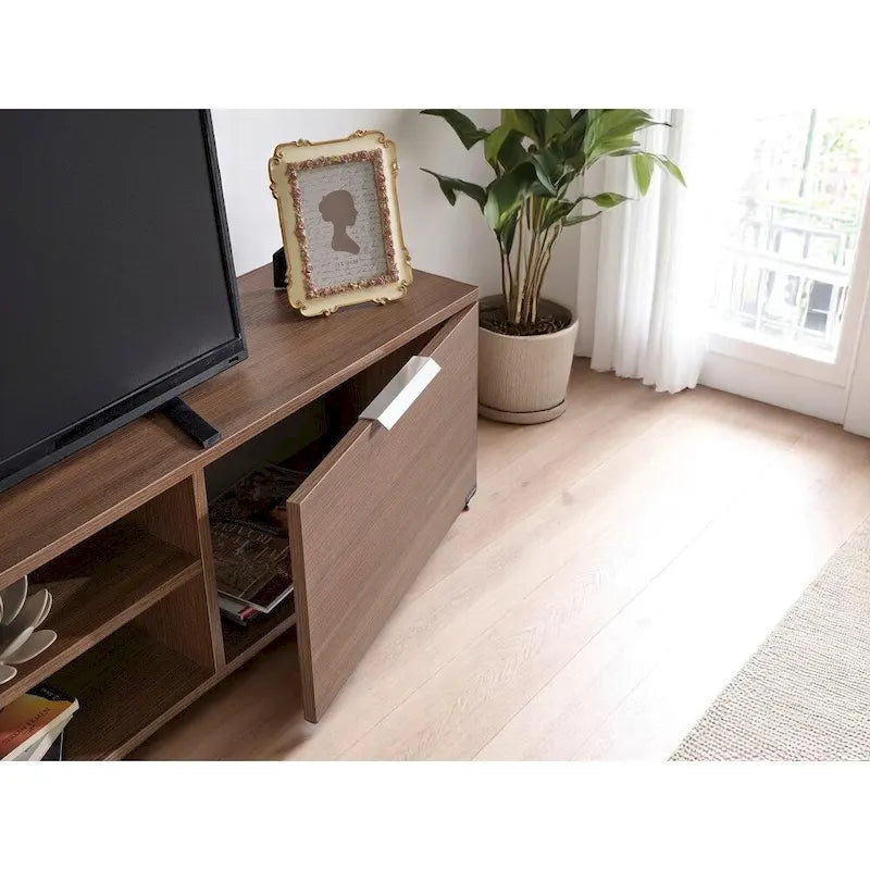 Meuble TV moderne Aspen avec 2 portes et 2 étagères de rangement, finition bois, meuble de divertissement pour salon