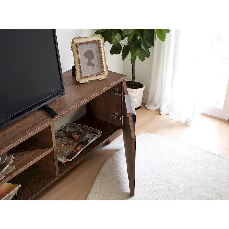 Meuble TV moderne Aspen avec 2 portes et 2 étagères de rangement, finition bois, meuble de divertissement pour salon