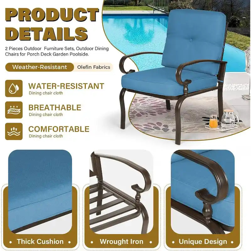 Ensemble de 2 chaises de salle à manger en métal pour patio extérieur, chaises de jardin avec coussins