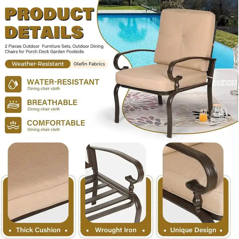 Ensemble de 2 chaises de salle à manger en métal pour patio extérieur, chaises de jardin avec coussins