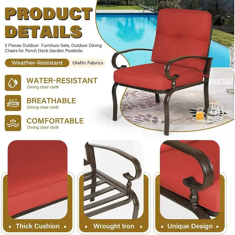 Ensemble de 2 chaises de salle à manger en métal pour patio extérieur, chaises de jardin avec coussins