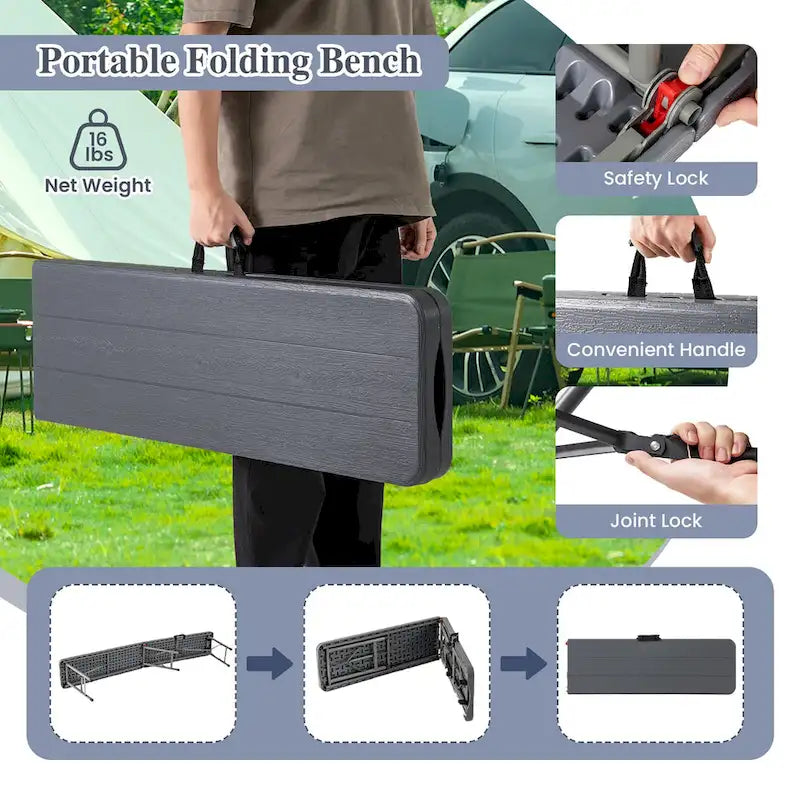 Banc pliant en plastique Gymax 1,8 m Portable Pliable en deux avec 1320