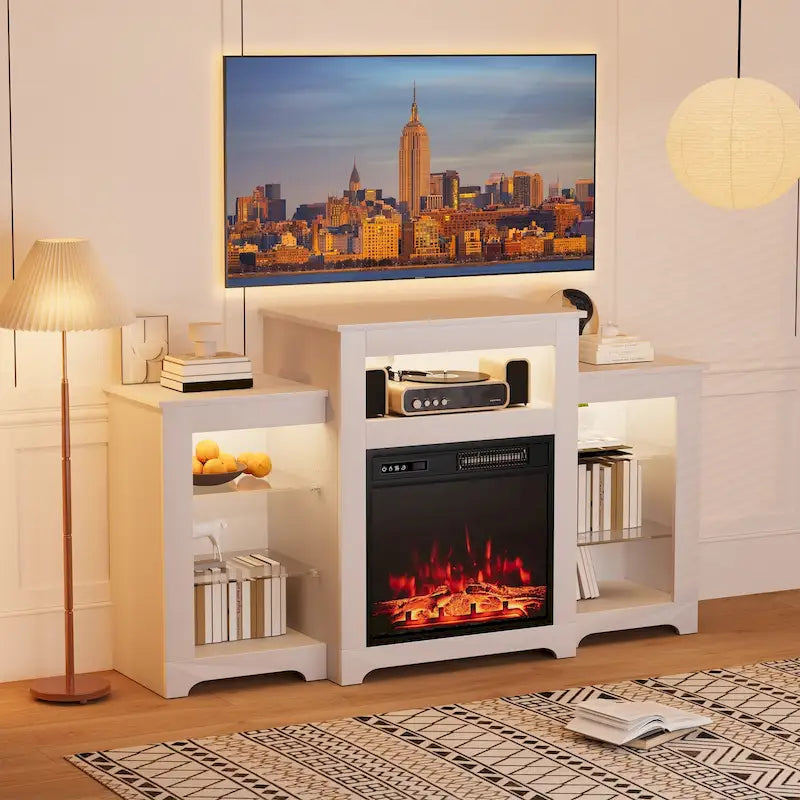 Meuble TV de 81 cm de hauteur avec cheminée, pour téléviseurs jusqu'à 80 po - Télécommande, chauffage écoénergétique, bande lumineuse de 16 couleurs