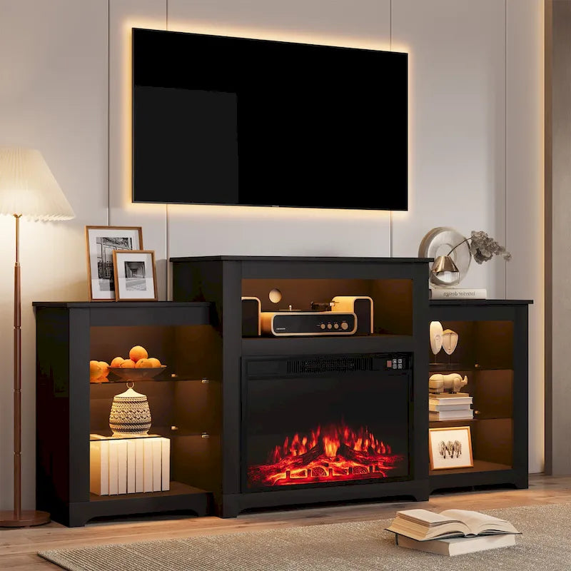 Meuble TV de 81 cm de hauteur avec cheminée, pour téléviseurs jusqu'à 80 po - Télécommande, chauffage écoénergétique, bande lumineuse de 16 couleurs
