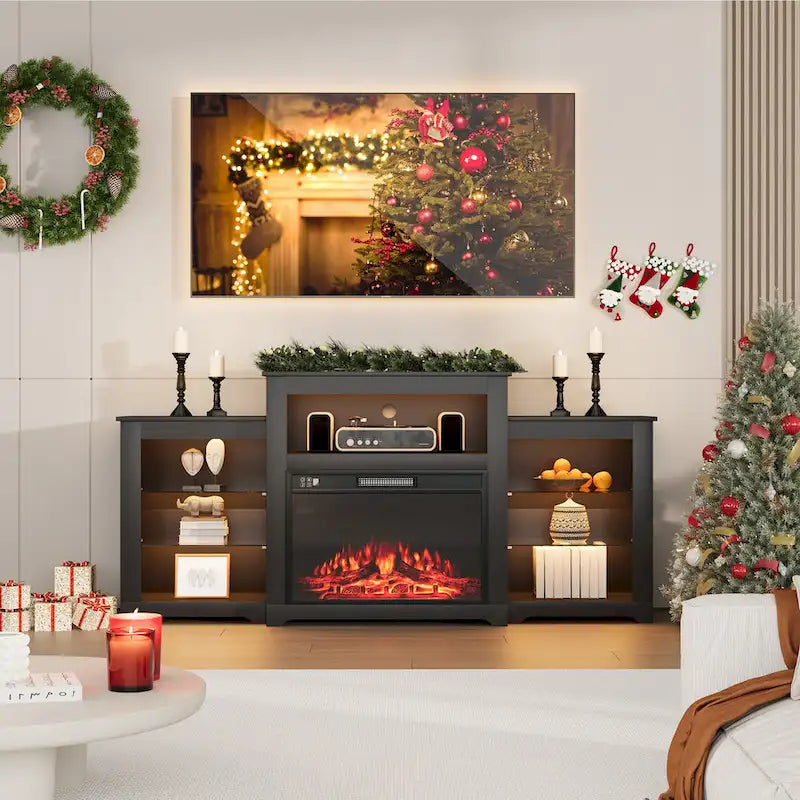 Meuble TV de 81 cm de hauteur avec cheminée, pour téléviseurs jusqu'à 80 po - Télécommande, chauffage écoénergétique, bande lumineuse de 16 couleurs