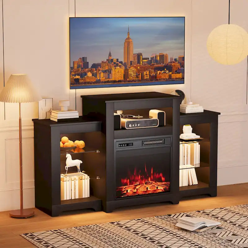 Meuble TV de 81 cm de hauteur avec cheminée, pour téléviseurs jusqu'à 80 po - Télécommande, chauffage écoénergétique, bande lumineuse de 16 couleurs