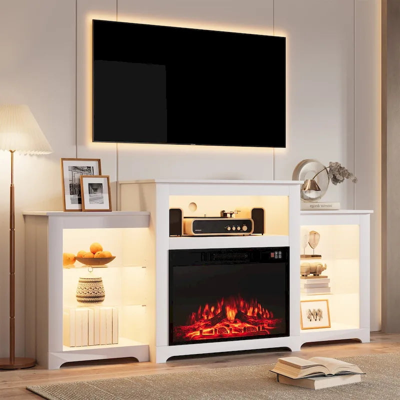 Meuble TV de 81 cm de hauteur avec cheminée, pour téléviseurs jusqu'à 80 po - Télécommande, chauffage écoénergétique, bande lumineuse de 16 couleurs