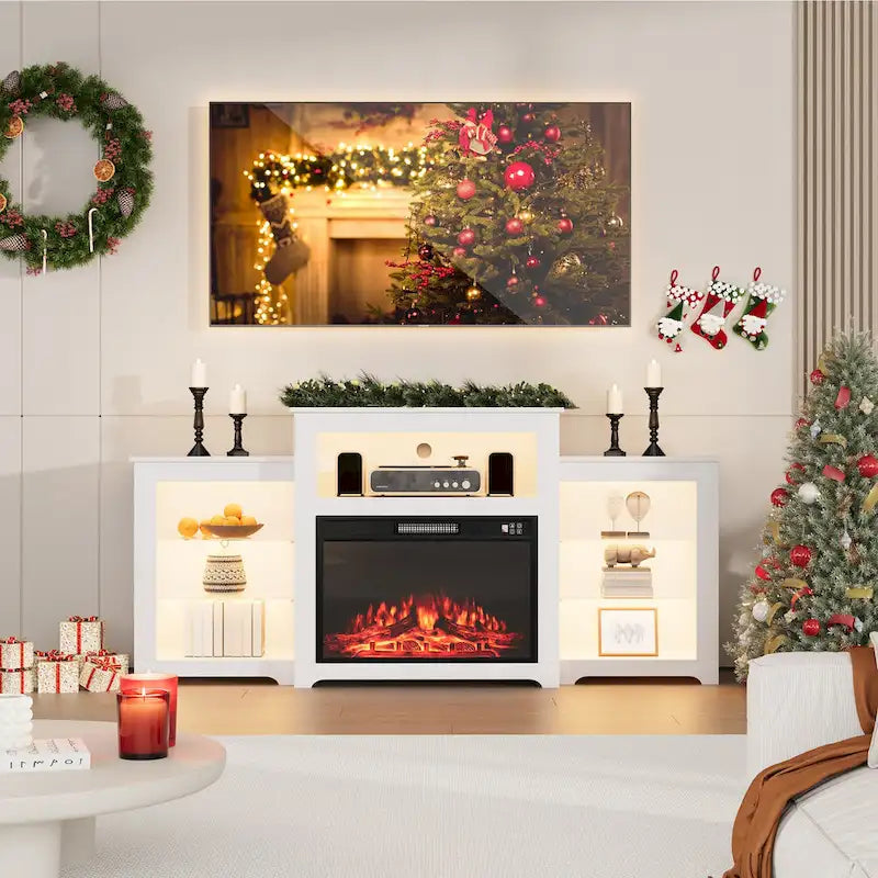 Meuble TV de 81 cm de hauteur avec cheminée, pour téléviseurs jusqu'à 80 po - Télécommande, chauffage écoénergétique, bande lumineuse de 16 couleurs