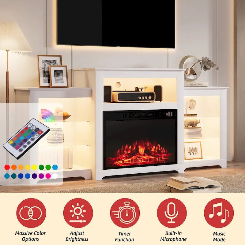 Meuble TV de 81 cm de hauteur avec cheminée, pour téléviseurs jusqu'à 80 po - Télécommande, chauffage écoénergétique, bande lumineuse de 16 couleurs