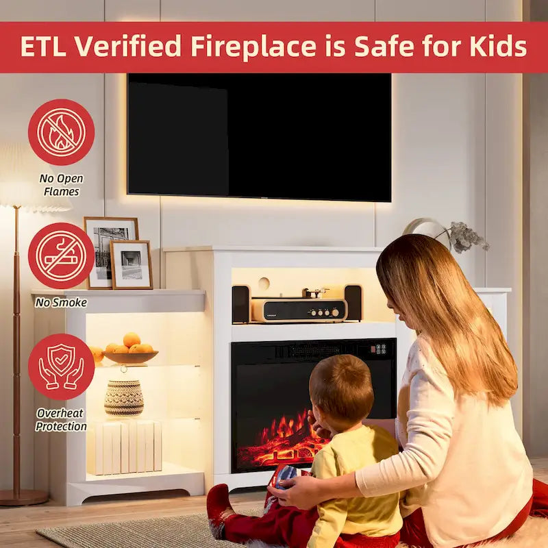 Meuble TV de 81 cm de hauteur avec cheminée, pour téléviseurs jusqu'à 80 po - Télécommande, chauffage écoénergétique, bande lumineuse de 16 couleurs