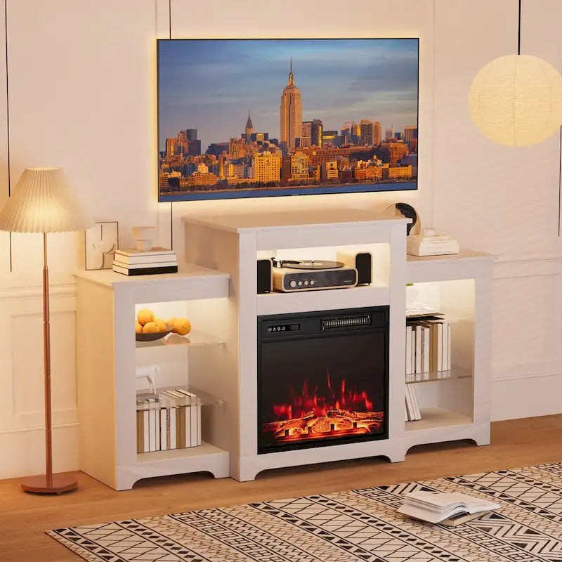 Meuble TV de 81 cm de hauteur avec cheminée, pour téléviseurs jusqu'à 80 po - Télécommande, chauffage écoénergétique, bande lumineuse de 16 couleurs